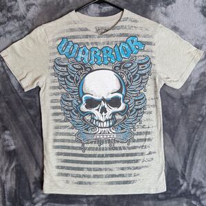 Vintage Y2K Chemistry Warrior Skull Bone Wings Striped Short Sleeve Size Large